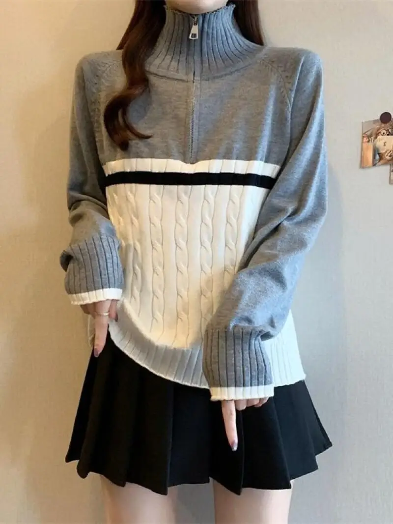 

Sweater Knitwear Women's Korean Style Stand Collar Zipper Color Block Knit Sweater Women Autumn Plus Size Fat Sister College