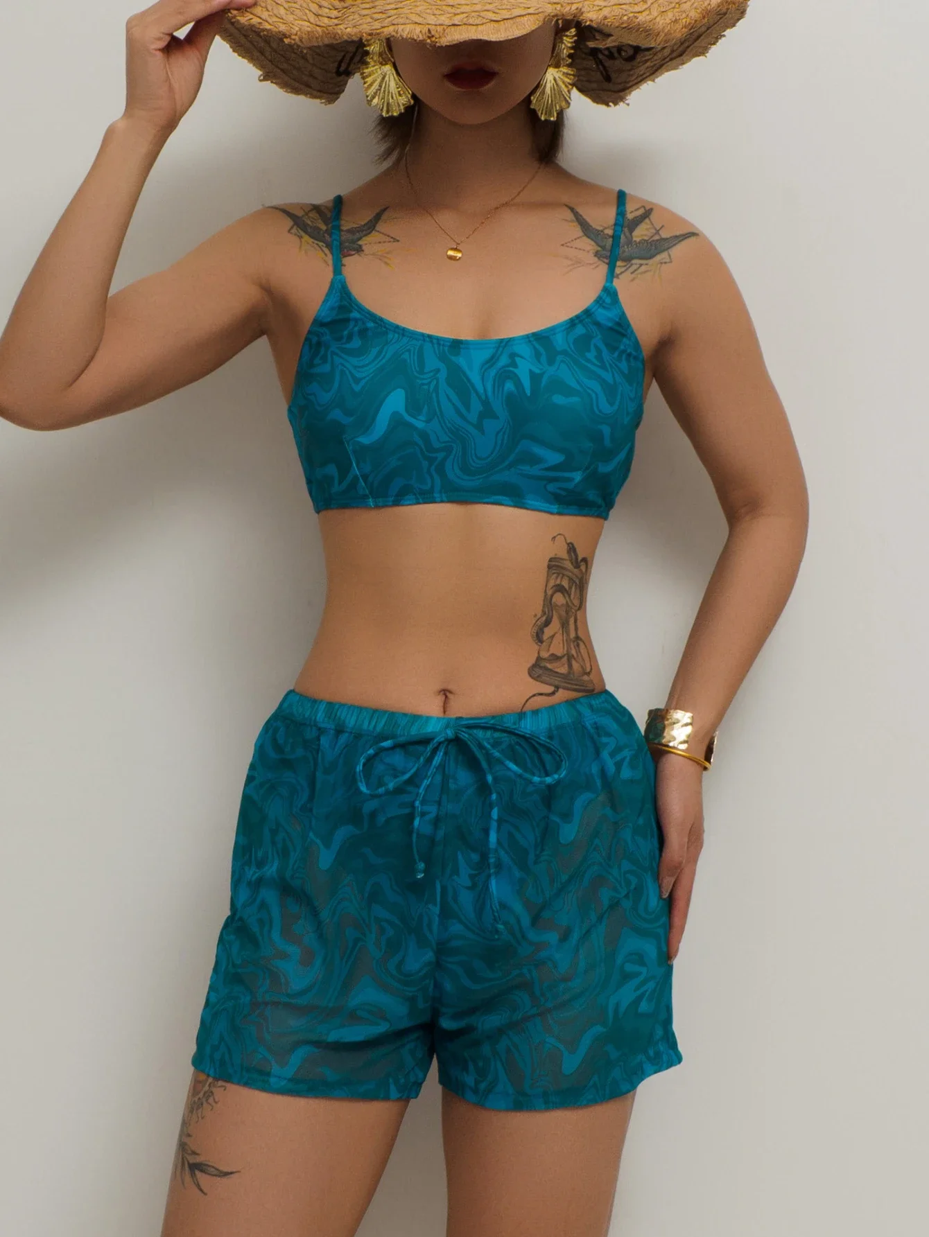 Ensemble Bikini femme Tankini cravate colorant imprimé 3 pièces maillot de bain taille haute cordon maillots de bain jarretelle dos nu maillots de bain 2025 nouveau