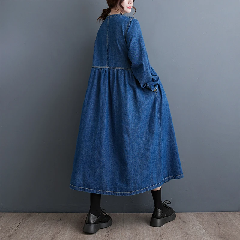 Fall Winter Denim V-Ne Dr High Waist Loose Long Sve A-Line Long Dr Slimming Pleated Commute Sle Retro Skirt