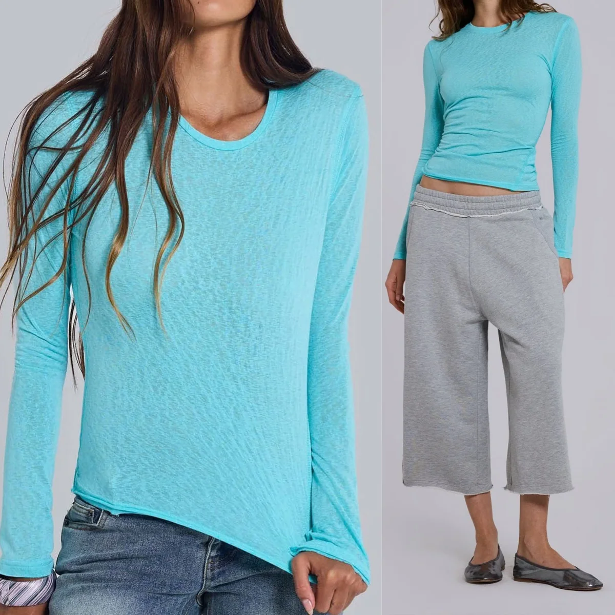 Jd Mint Green Long-Sleeve Top with Slightly Translucent Bamboo Texture, Slim-Fit Base Shirt, Thin and Slightly Translucent Slim-Fit Waist-Cinching Short Top, Mint Green Round-Neck Long-Sleeve T-Shirt