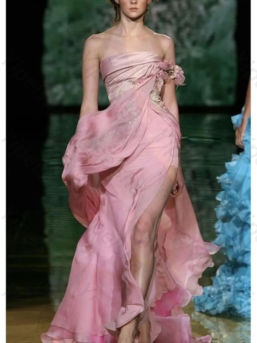 Customized Pink Strapless Ruched Chiffon Evening Gown Floral Applique High Low Asymmetrical Formal Prom Dress Robe De Soiree