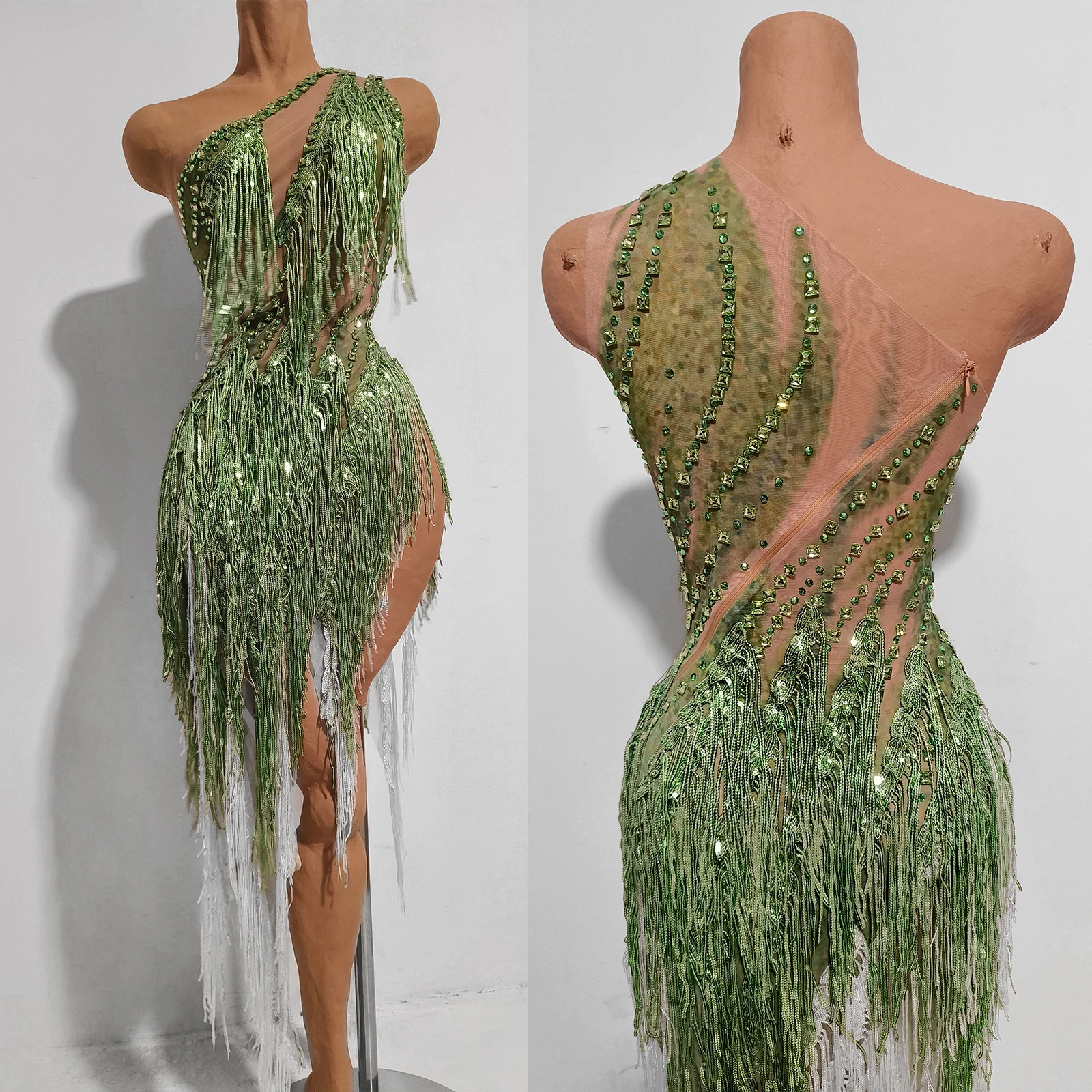 

Women's One Shoulder Green Sequin Tassel Dress Cutout High Slit Formal Singer Latin Dance Stage Party Costume Evening Gown Club
