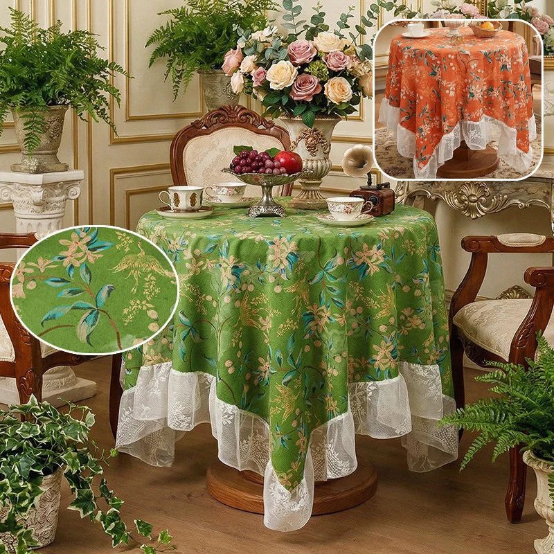 

French Style Tablecloth with Lace Trim Green Floral Bird Pattern Elegant Dining Table Cover for Wedding Party Household Use