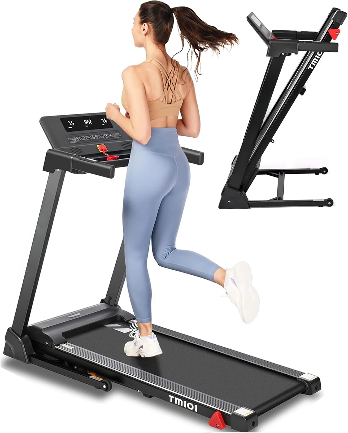 Folding Treadmill with Incline, Electric Treadmill with 42” x 16” Large Running Belt, Heart Rate Monitor, Easy Assembly