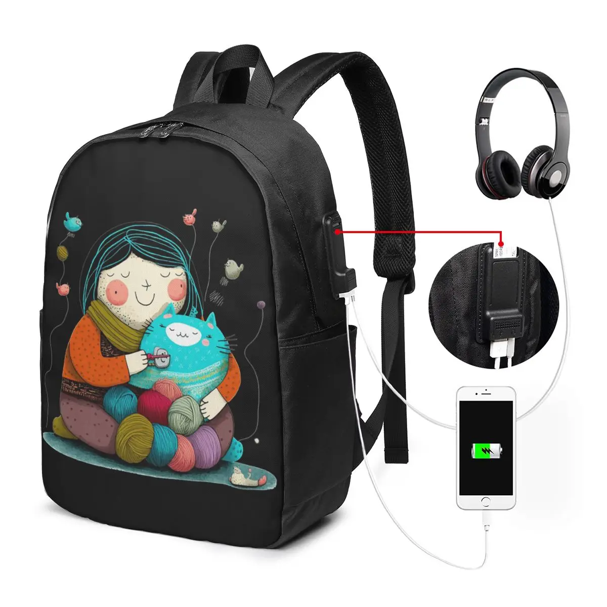 Cartoon Girl And Crochet Backpack Travel Notebook Bag Computer College Student School Bag Laptop Shoulder Bags for Men Women