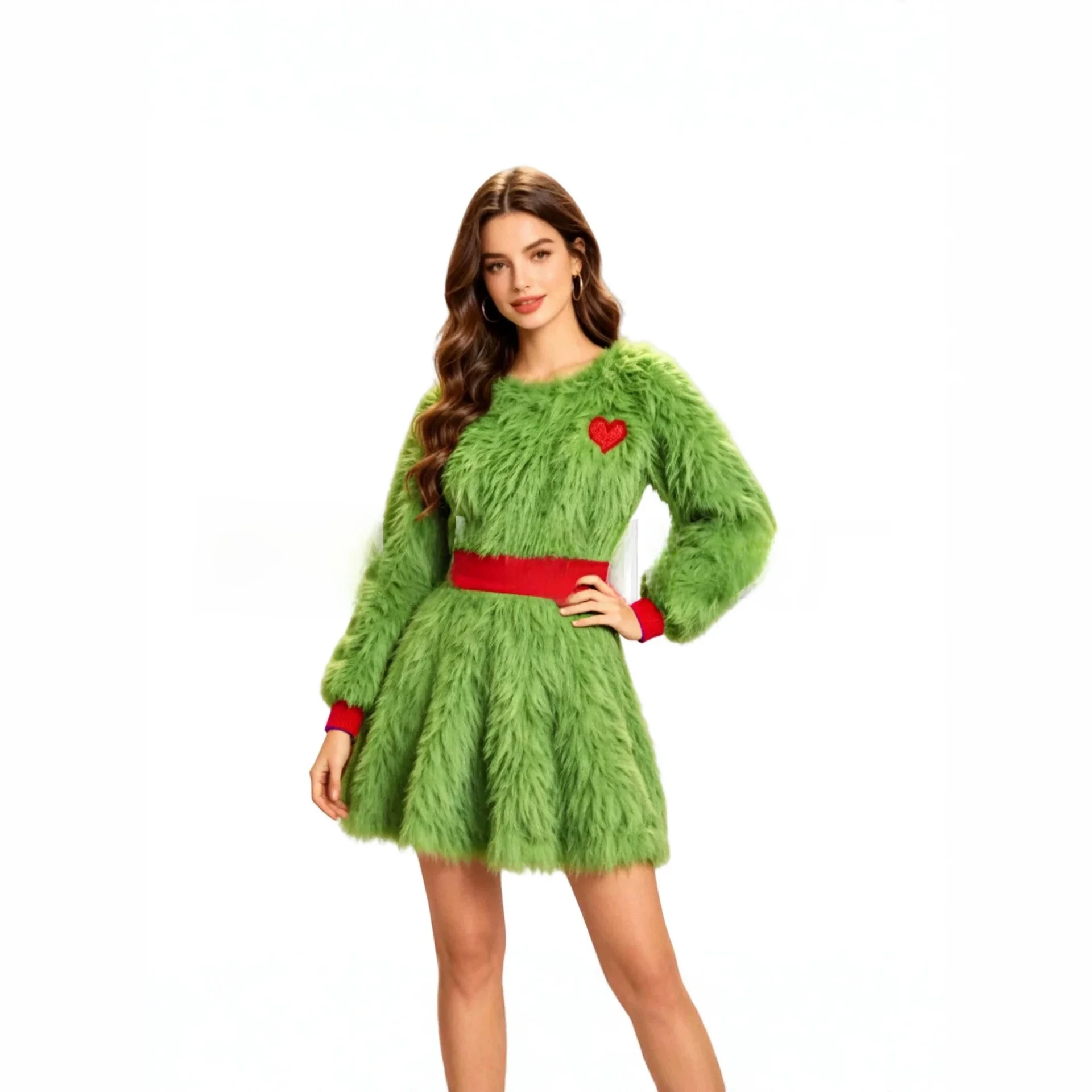 Green Plush Color Block Halloween Christmas Costume Dress 2026 New Style Fairy Role-playing Cosplay Clothing Women's Fashion