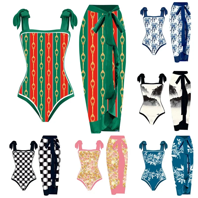 

Women's Chiffon Swimsuit Set, Conservative Swimwear, One Piece, Hot Spring, Vintage, Cover Up