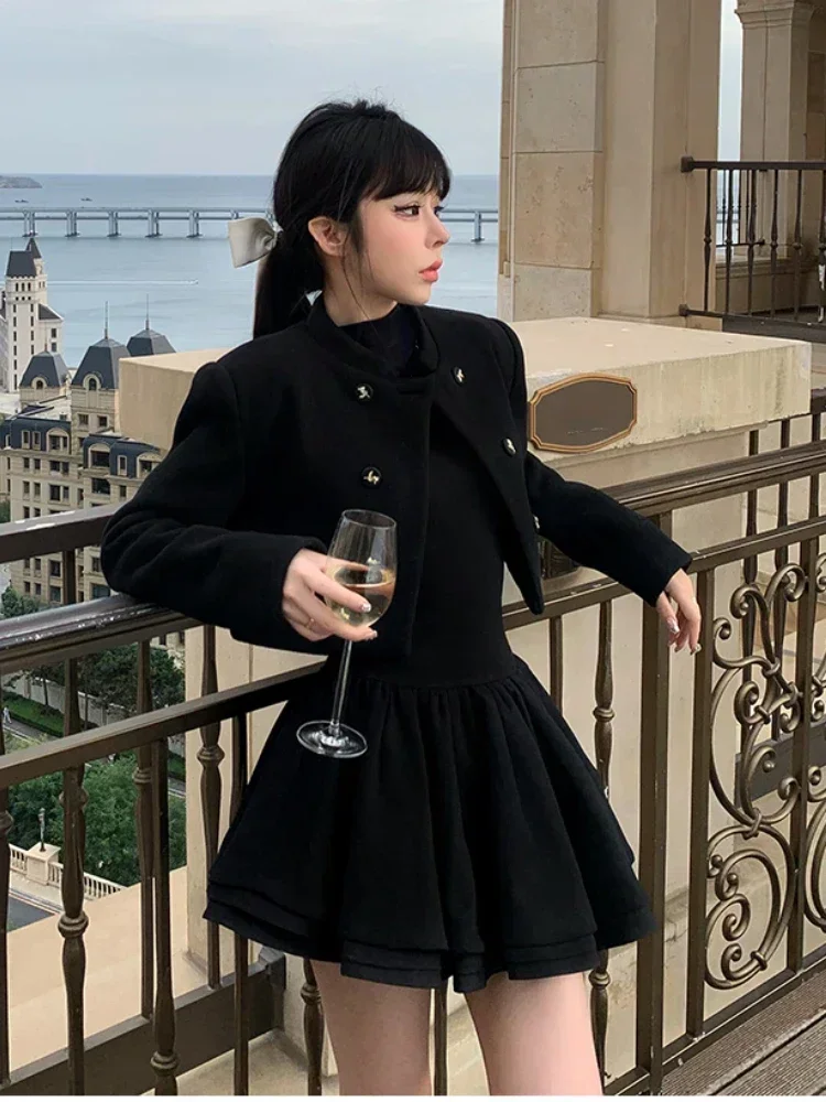 2023 Autumn Elegant Black Two Piece Dress Set Women casual Vintage Coat + Y2k Sweet Party Gown Dress Korean Fashion Female Suits