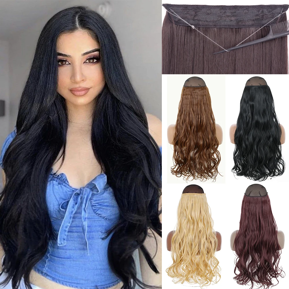 

AZQUEEN Synthetic Long Wavy No Clip Hair Extensions Black Brown Adjustable One Piece Fake Hairpiece For Women