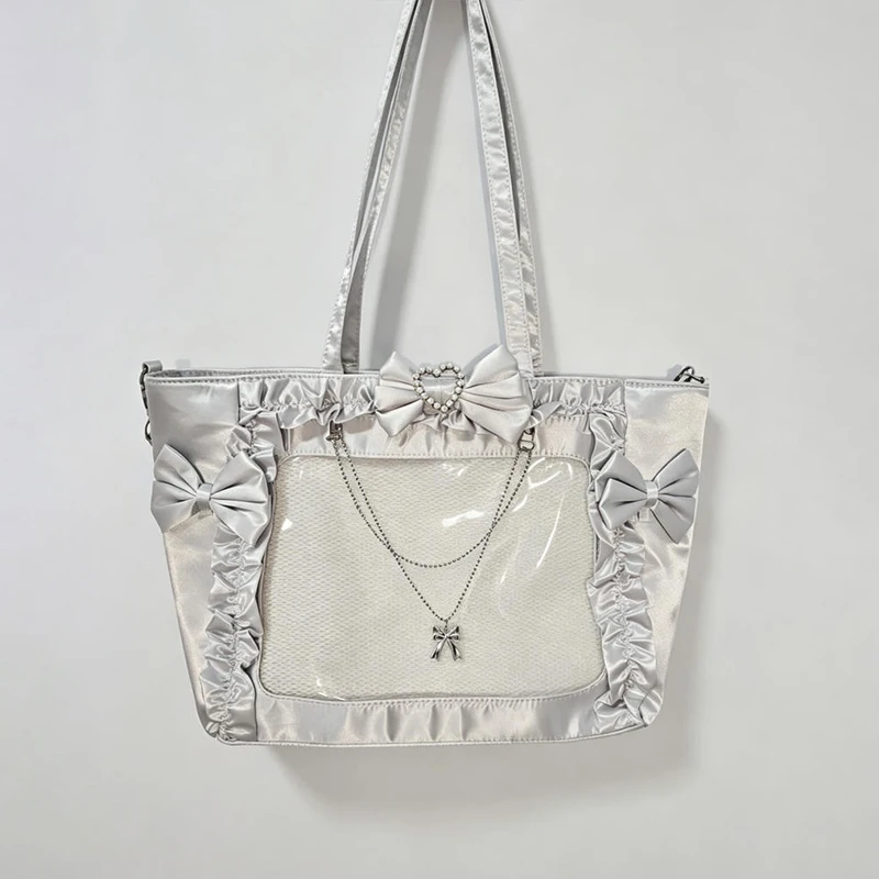 Ita-Tasche mit Klarsichtfenster für Abzeichen, Pins und Puppen, Japanische Süße Niedliche Satin-Schleife mit Spitzenbesatz, Große Kapazität Handtasche – Detail 1