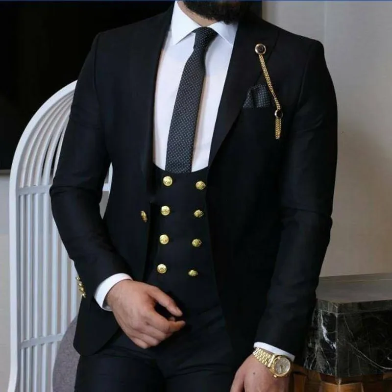 

Black Men Suits 3 Pieces Blazer Vest Pants One Button Wide Lapel Gold Buttons Men's Tuxedo Wedding Formal Work Causal Tailored