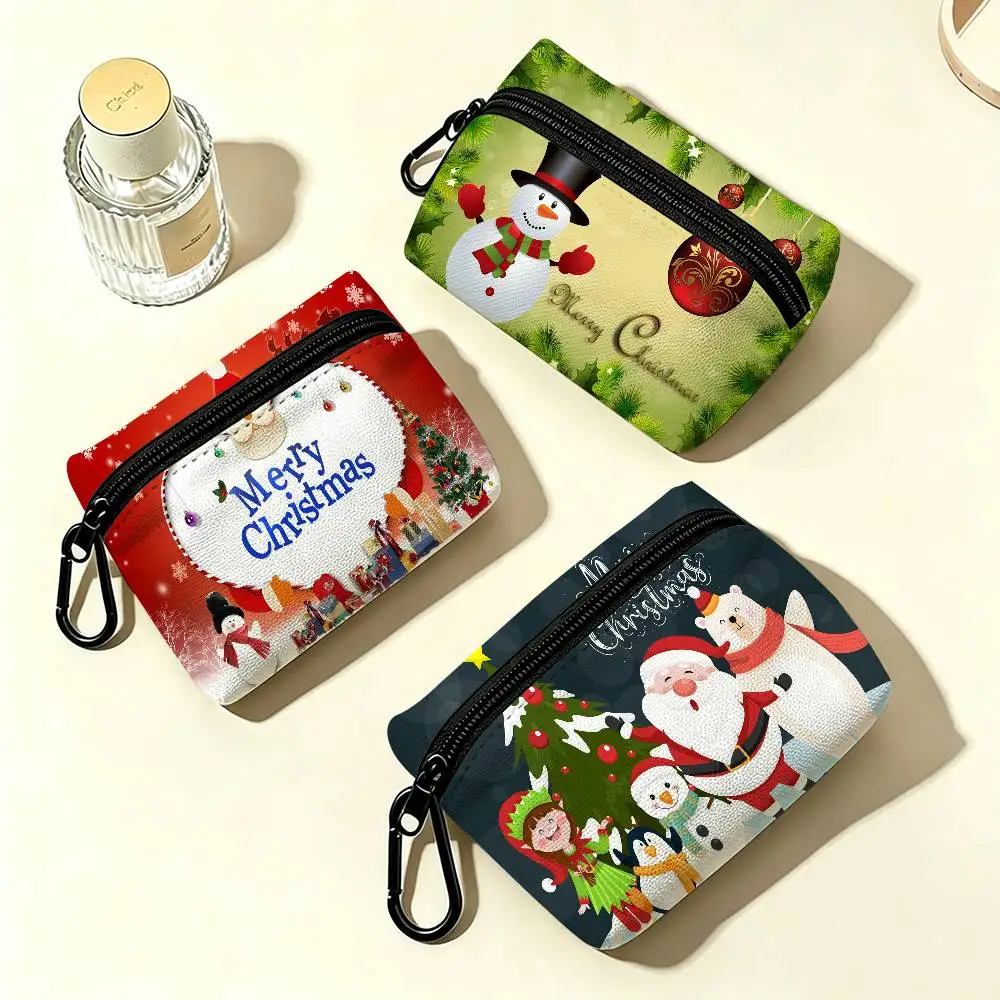 Snowman and Christmas Tree Portable Mini Oxford Cloth Coin Purse With Carabiner Hook Zipper Key Card Earphone Storage Wallet