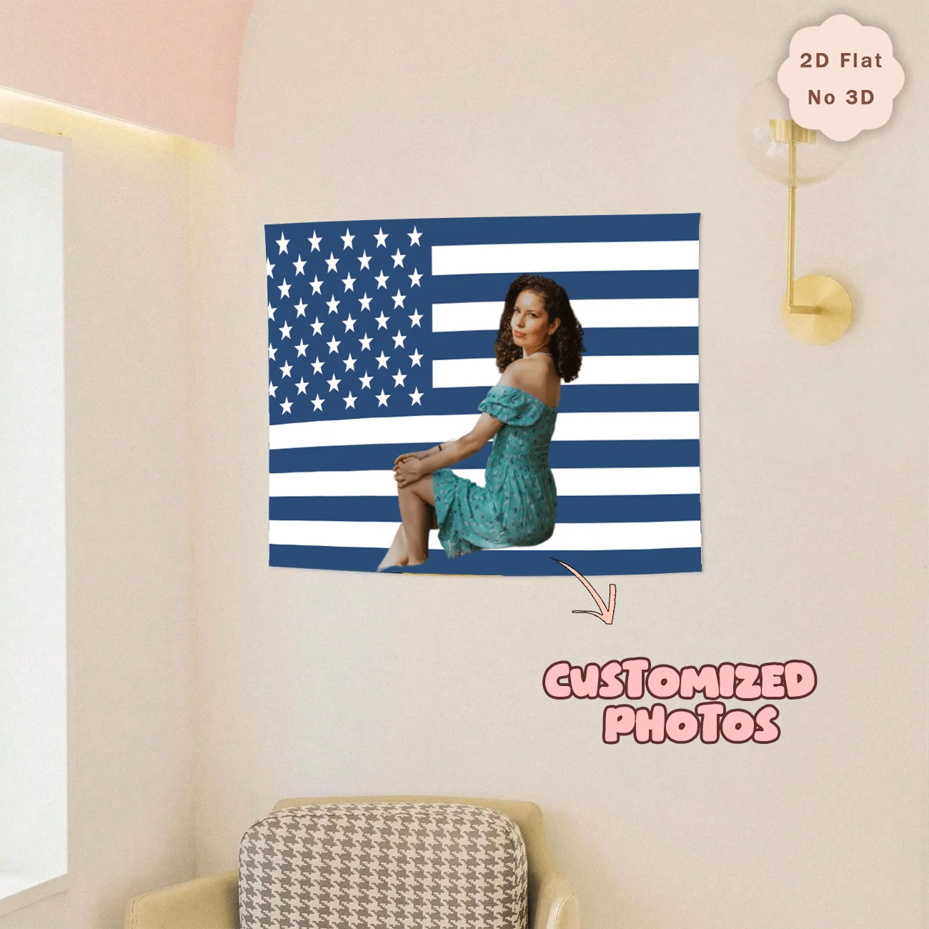 Custom Photo Tapestry with Blue American Flag, Personalized Birthday and Bedroom Wall Decor
