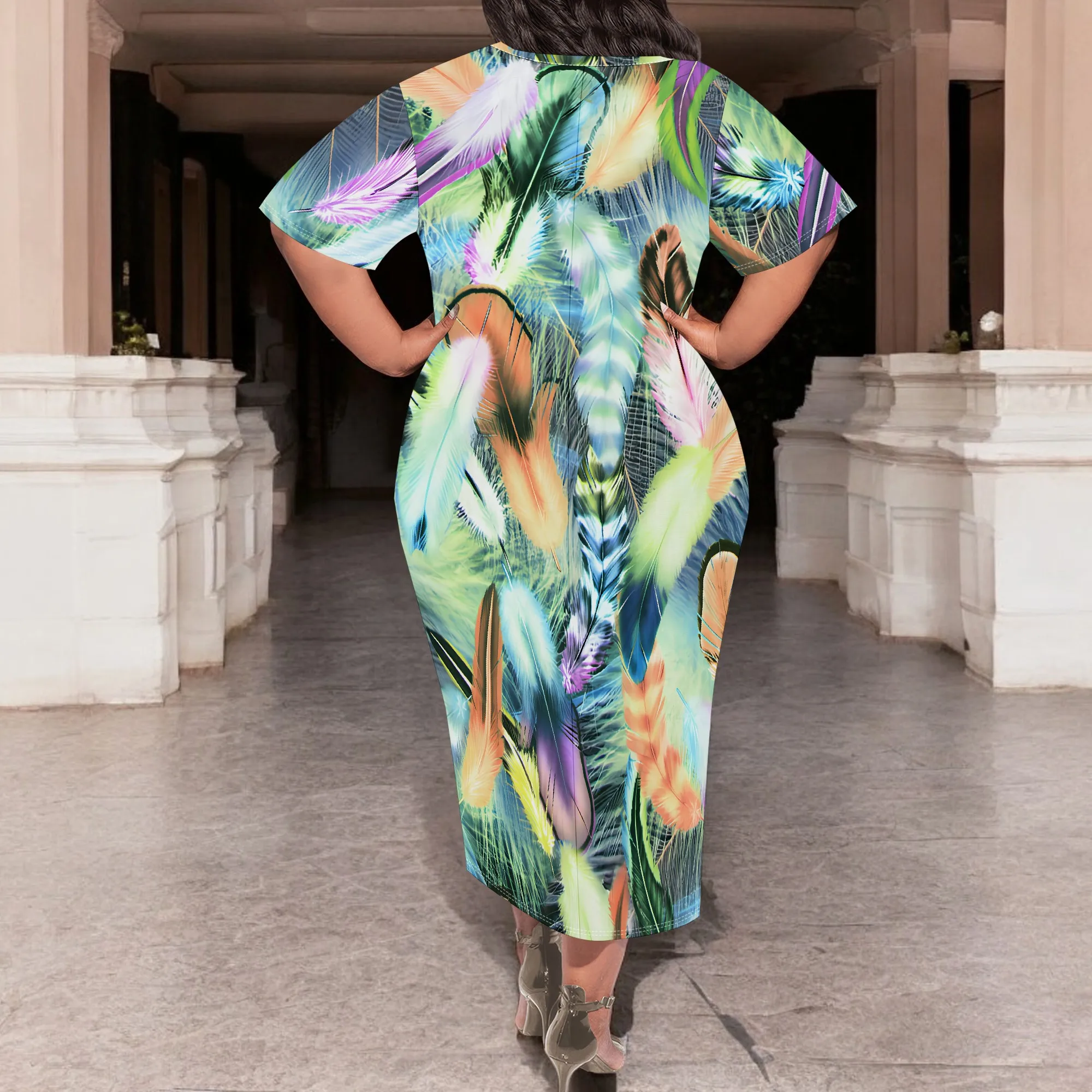Plus Size Pullover Sexy  Short Sleeve  Neck Loose Long Dress for Women Fashion Printed Summer  Casual Maxi Dresses with pockets