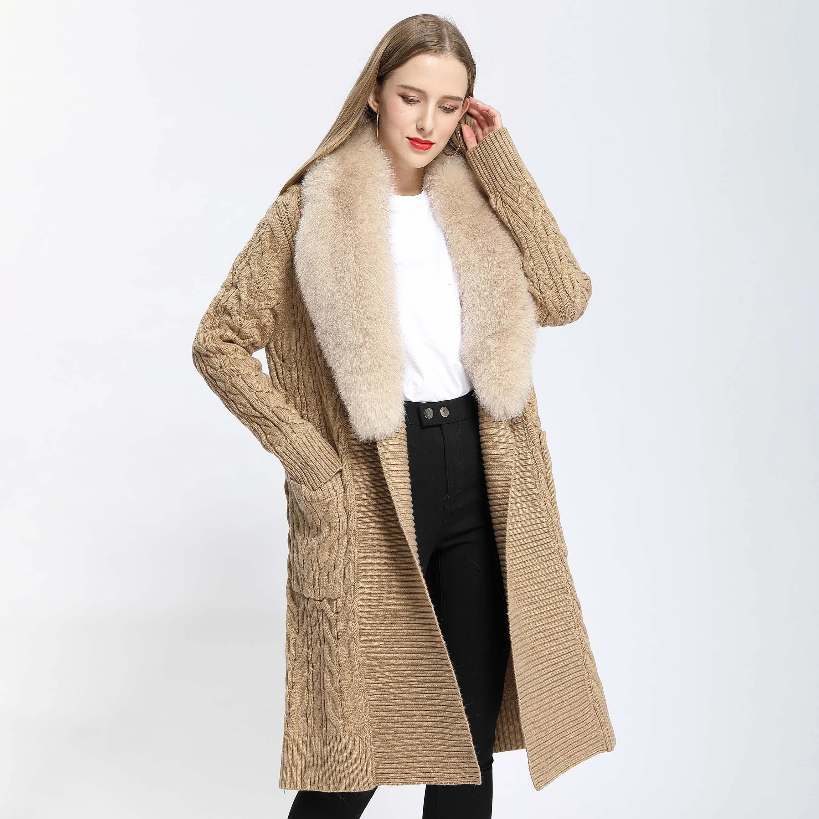 Women Wool Knitting Autumn Spring Big Fox Fur Shawl Collar Jacket Natural Fox Fur Coat Sweaters Cardigan