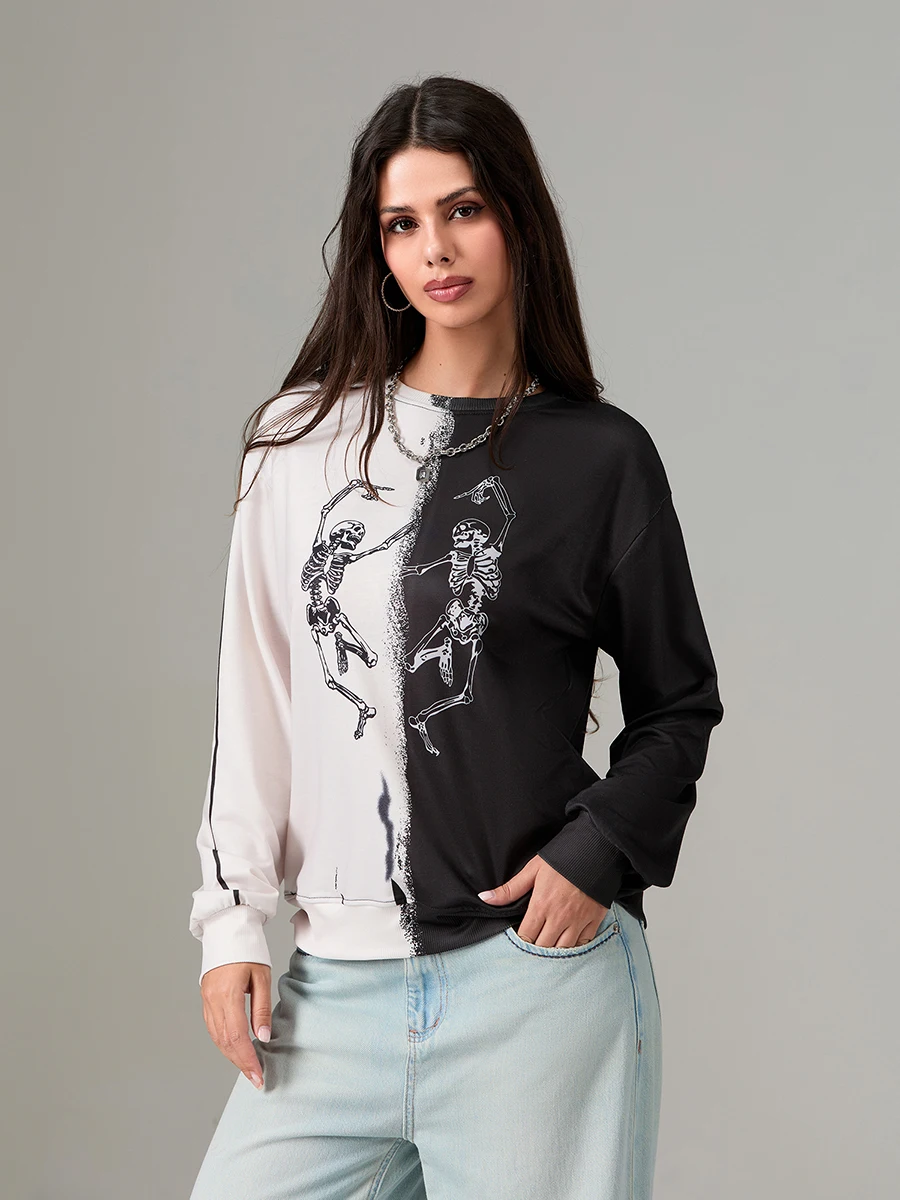 Dames skelet sweatshirt los contrast ronde hals trui met lange mouwen tops casual Halloween streetwear