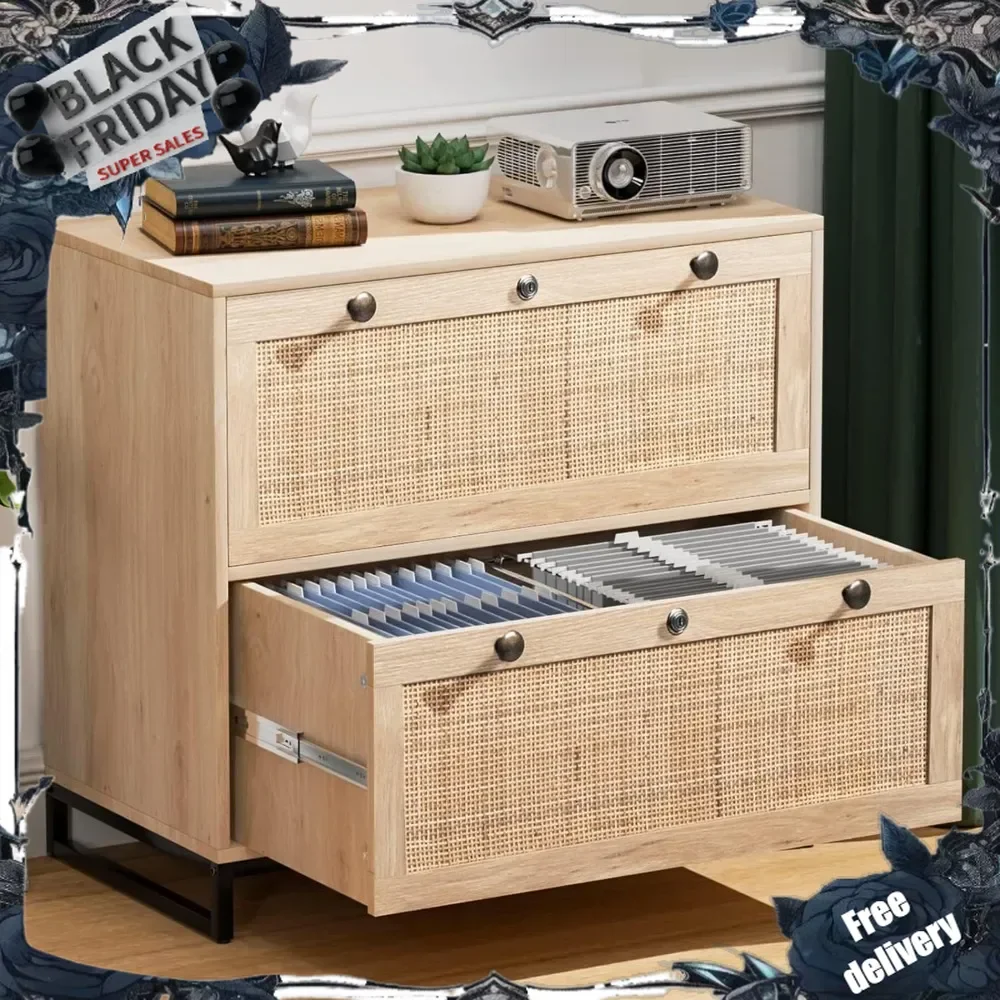 Wood Rattan 2-Drawer Lateral File Cabinet with Lock for Home Office, Lockable Filing Cabinet with Rustic Metal Handles