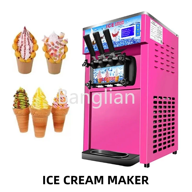 Small Tricolor Ice Cream Maker, Commercial Stainless Steel, Desktop Sweet Cone Freezing Equipment, 1200W, 220V