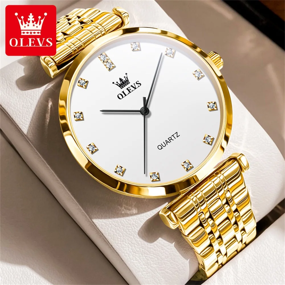 OLEVS Luxury Men's Watches Simple Fashion Original Quartz Movement Watch for Man Waterproof Gold Stainless Steel Zircon Scale