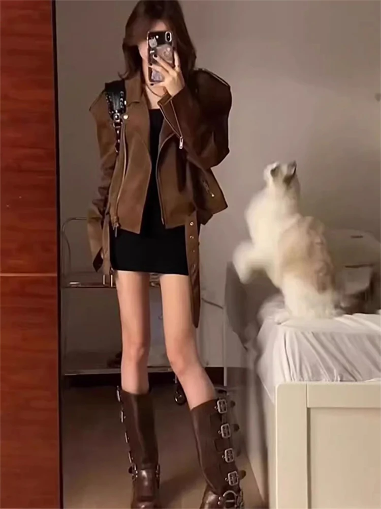 American Retro Brown Leather Jaet Women's Autumn 2025 Trendy Small Size Ele High-End Feel Motorcycle Biker Jaet