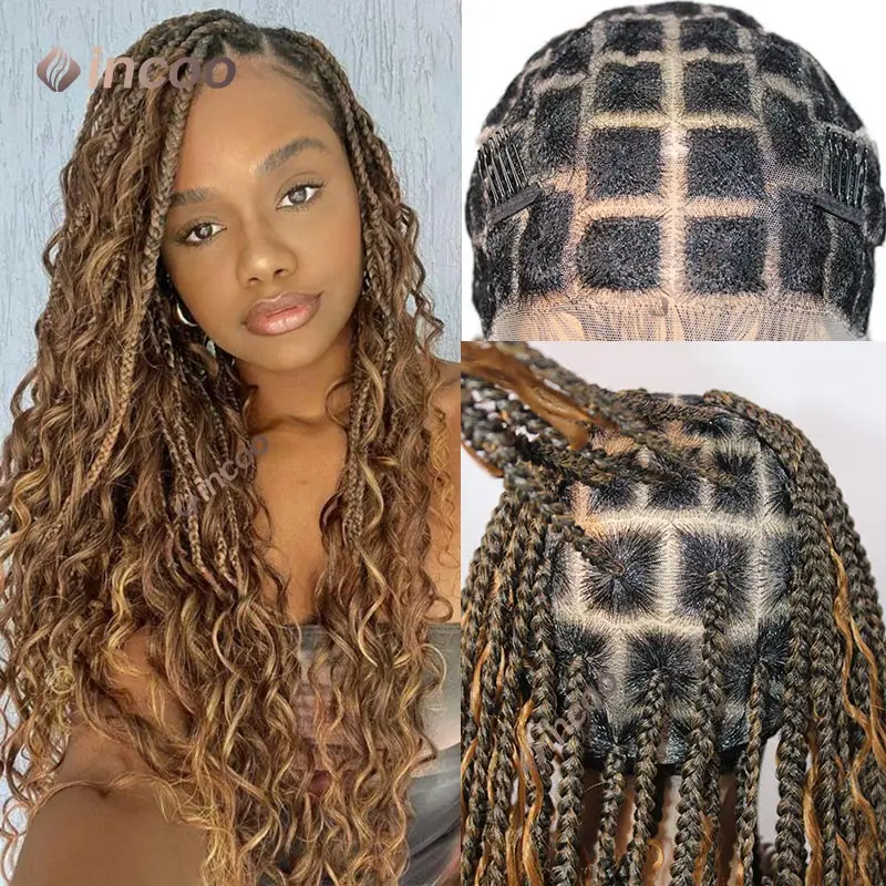 Knotless Box Braided Wigs Curly Ends 1B-27 Color Synthetic Full Lace Braids Wig for Black Women Handmade Lace Front Braiding Wig