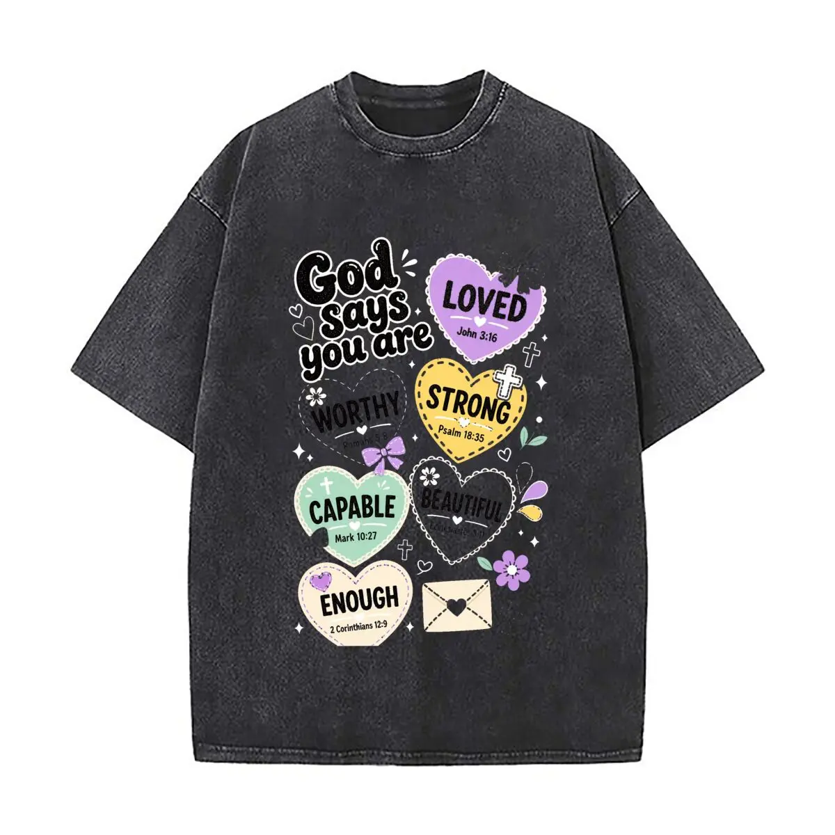 Tops streetwear oversize vintage effet vieilli avec verset d'affirmation chrétienne pour les rendez-vous café