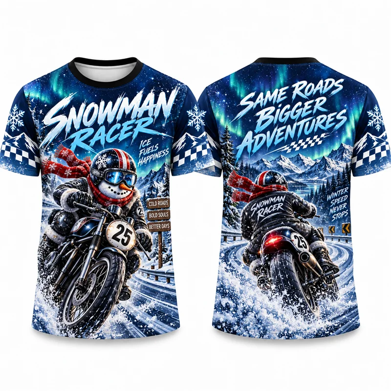 Christmas Snowman Motorcycle T Shirt Men Winter Snow Racer Biker Graphic Short Sleeve Xmas Holiday Streetwear Casual Fashion Top