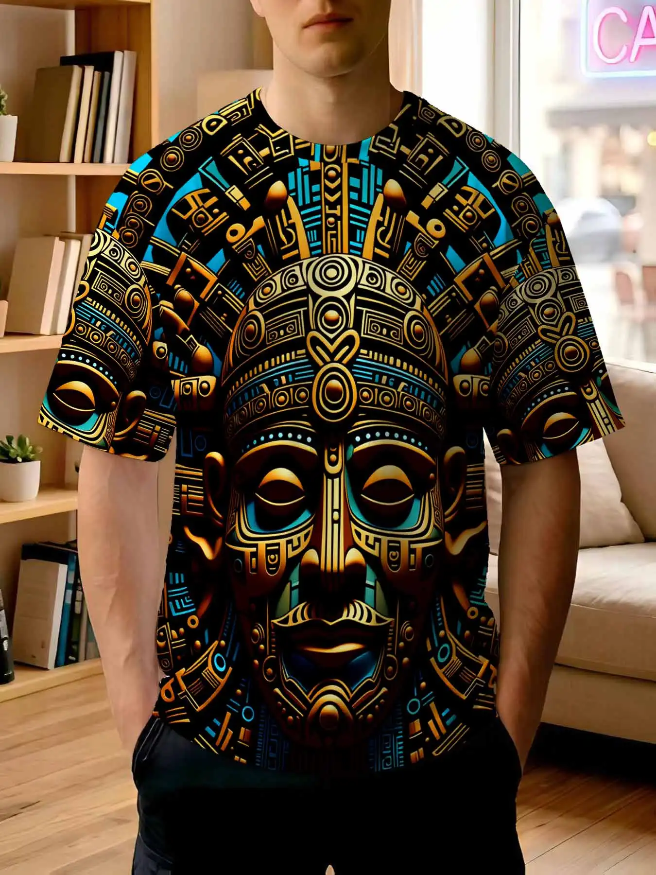 Camiseta estampada nueva 2026 para hombre, estilo vintage con máscara de tótem azteca, top moderno con relieve estilo civilización maya
