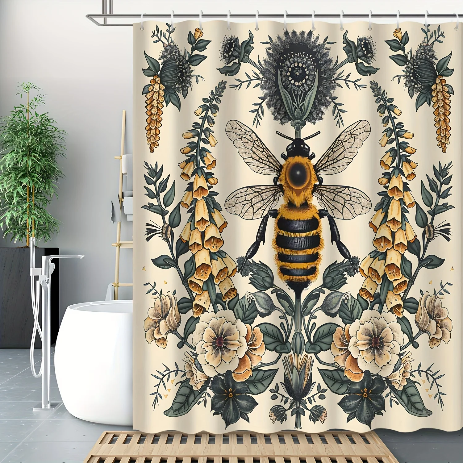 

Занавеска для душа с пчелами и цветком в стиле ретро — украшение для ванны с растениями, подходит для дизайна «Ты, которая любит природу»