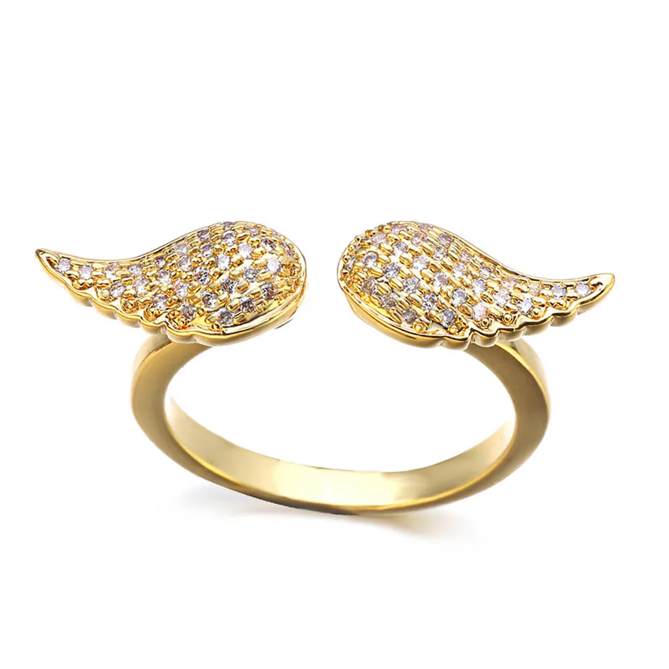 

VANAXIN Gold Plated Angel Wing Open Ring for Women Cubic Zirconia Paved Copper Band Fashion Jewelry Gift Adjustable Size