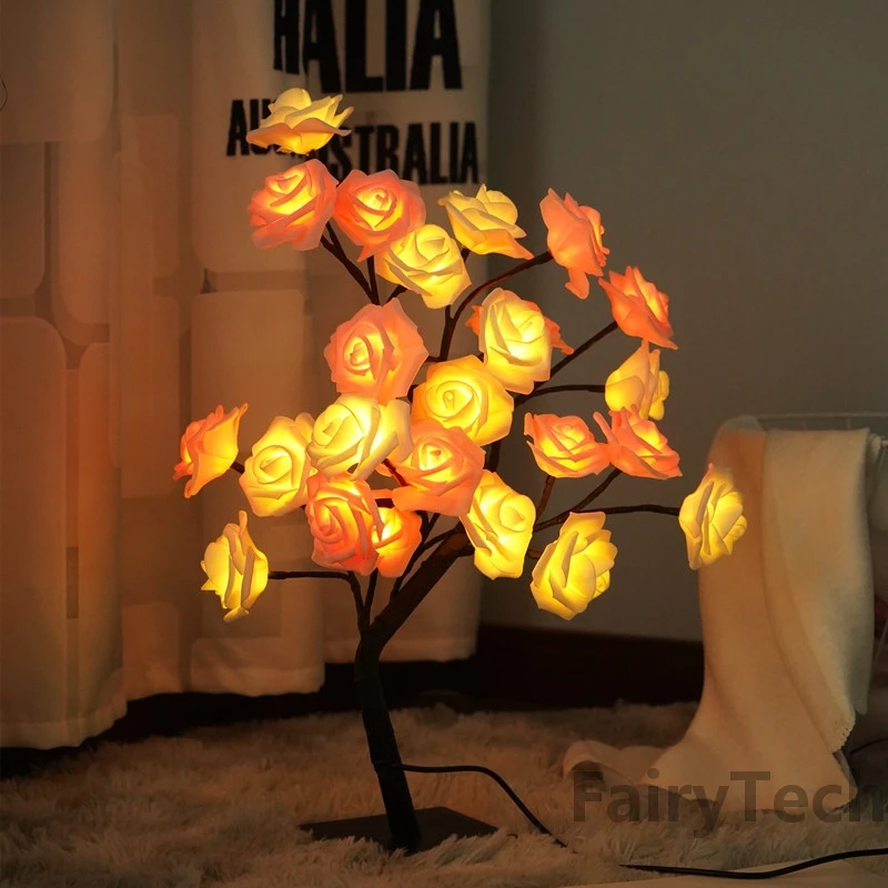 Lampe de Table à 24 LED en Forme d\'Arbre à Roses, Veilleuse USB, Luminaire Décoratif d\'Nik, Idéal pour une Chambre d\'Enfant ou comme Cadeau de Noël