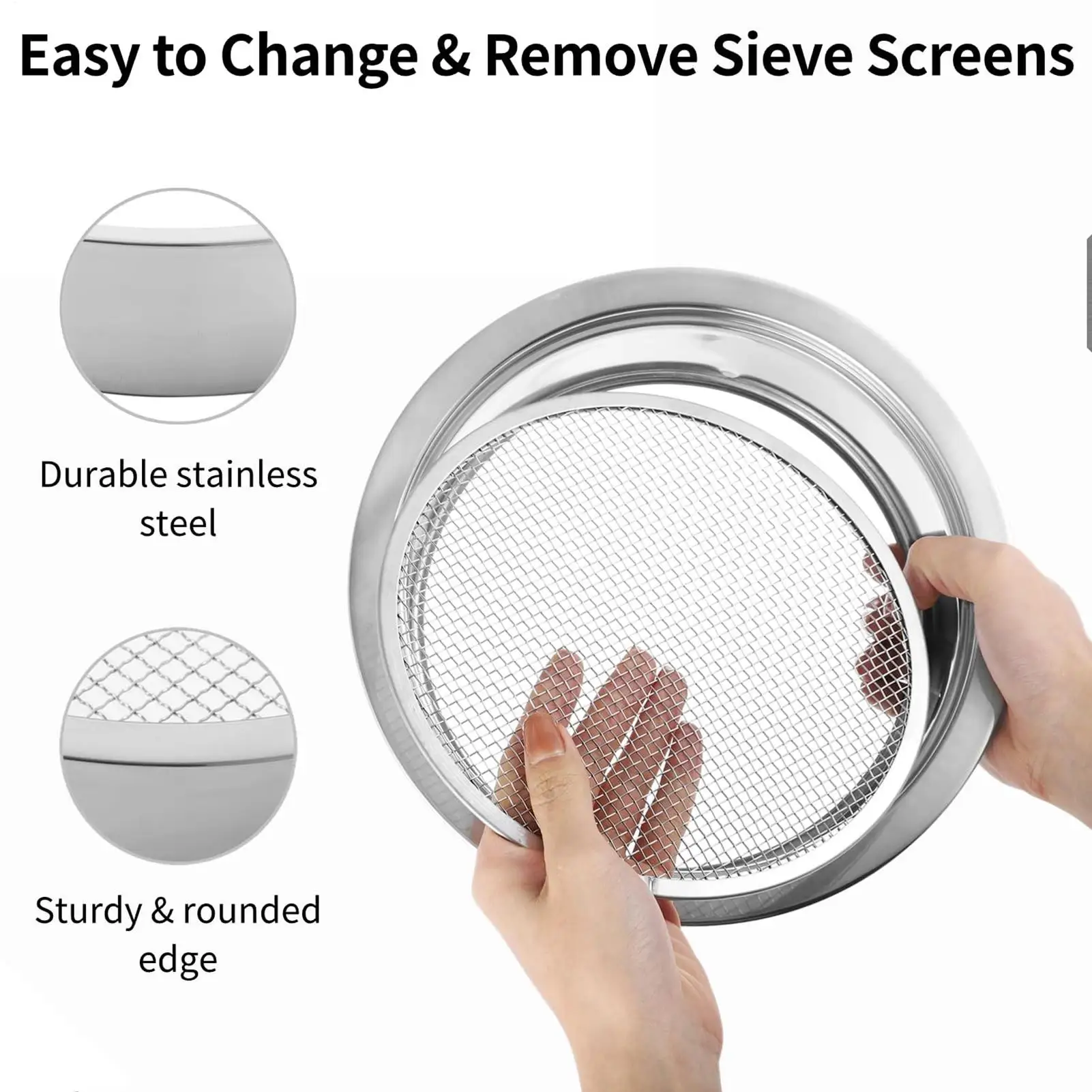 

Soil Sifter Stainless Steel Sand Sifter Garden Sieve With 5 Replaceable Mesh Screens 1/3/6/9/12mm Garden soil sifter ﻿