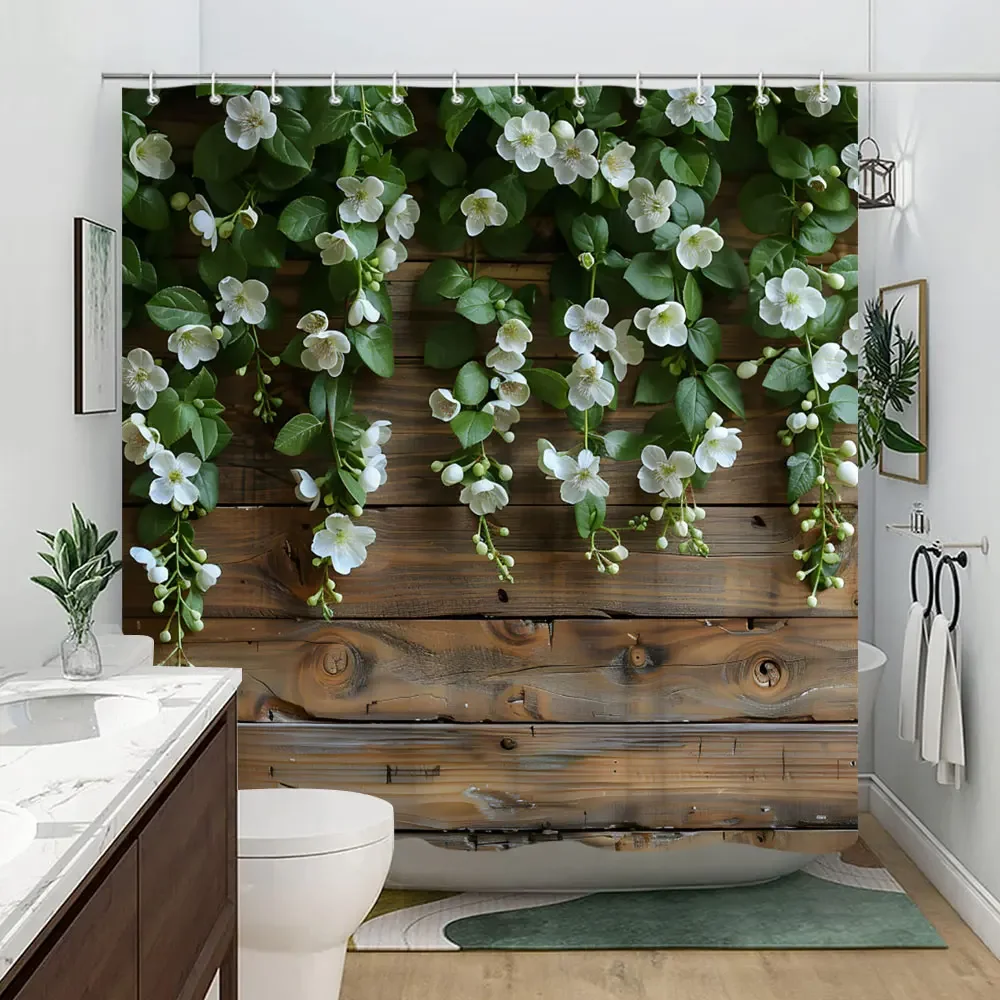 Rustic wood panel with green vines and white flowers Shower Curtain Green plants Polyester fabric Shower Curtains Bathroom Decor