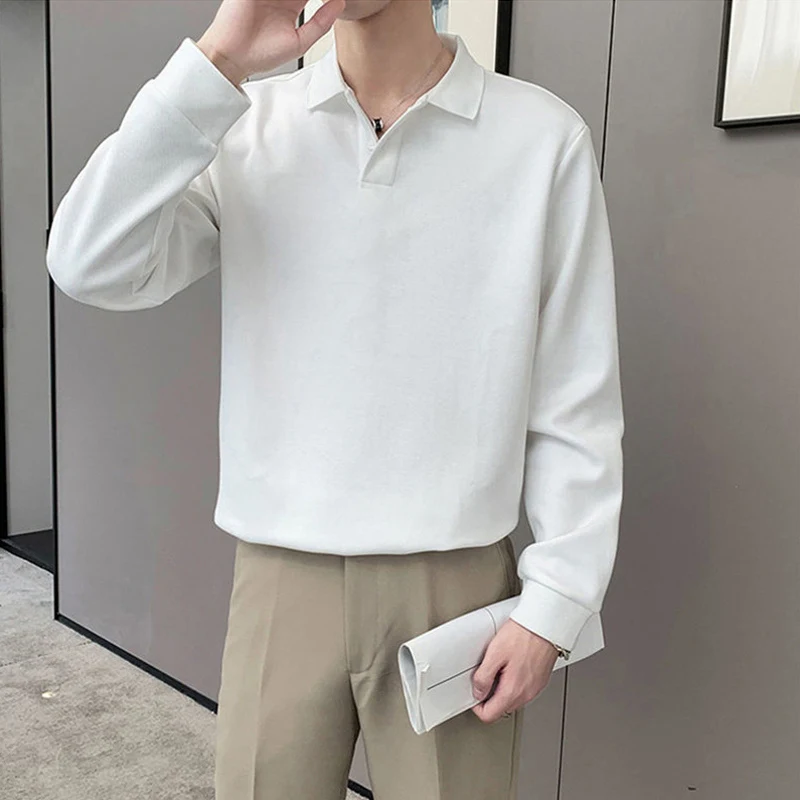 Spring Autumn Korean Casual Fashion solid color Polo T-shirts man Ropa Hombre Long Sleeve Loose Button Tops All Match Streetwear