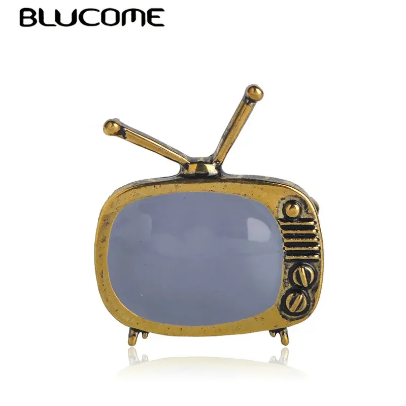 Blucome Classic Vintage TV Television Shape Brooch Gold Color Enamel Brooches Parents Gift Scarf Sweater Collar Pins Accessories