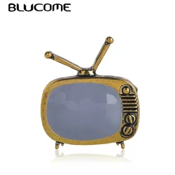 Blucome Classic Vintage TV Television Shape Brooch Gold Color Enamel Brooches Parents Gift Scarf Sweater Collar Pins Accessories
