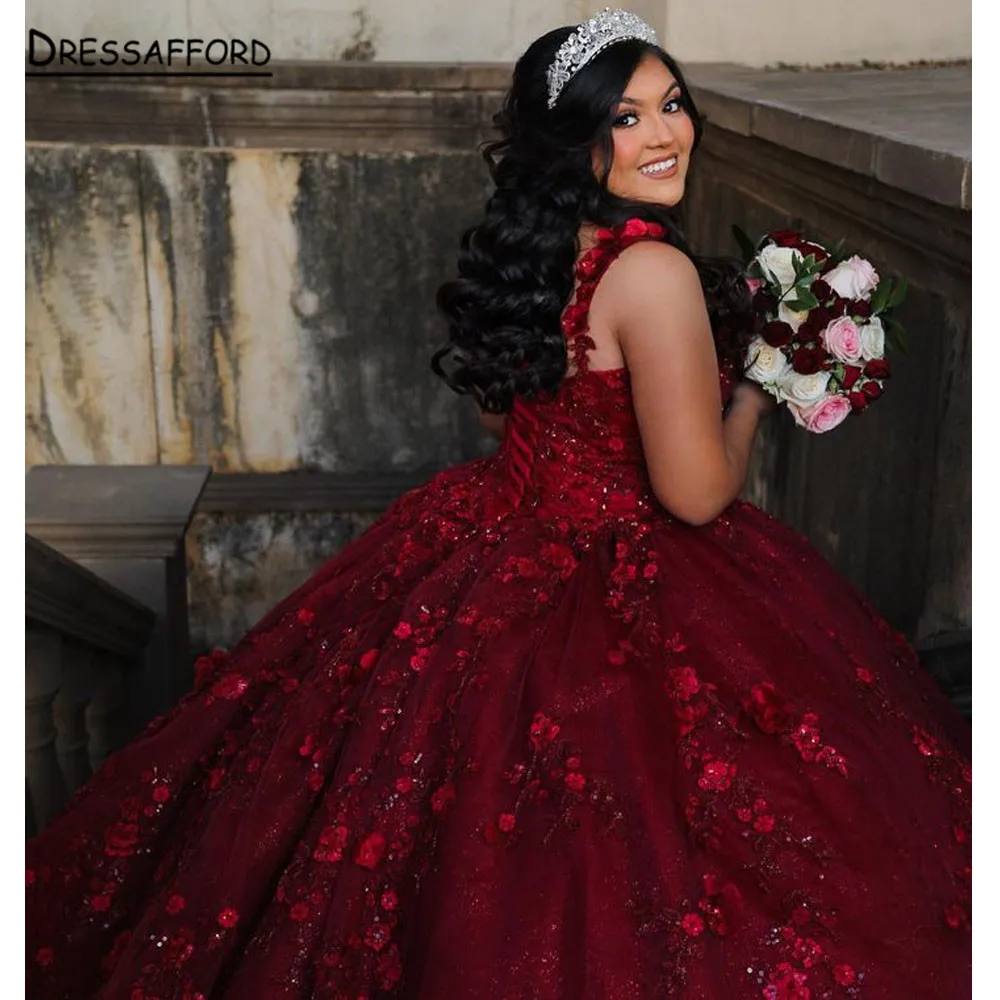 Vestidos Quinceanera com renda bordô, vestido de baile espartilho, flores 3D frisadas, vestidos formais de formatura, doce princesa, 15, 16