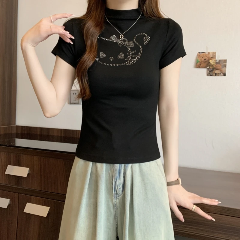 40 counts cotton 2024 summer hot diamond short-sleeved T-shirt women's high school stretch