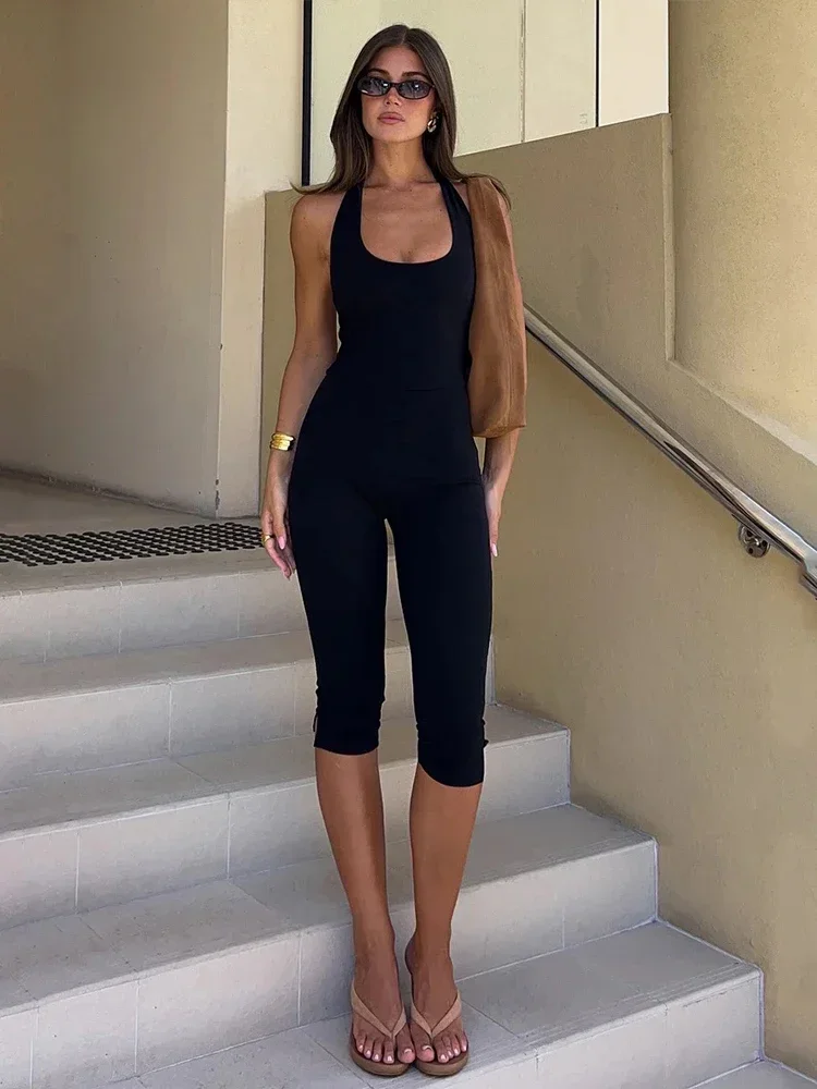 2025 Casual Playsuits Women Basic Solid Summer Halter Cleavage Backless Stretch Skinny Rompers Female Gym Sporty One Piece New