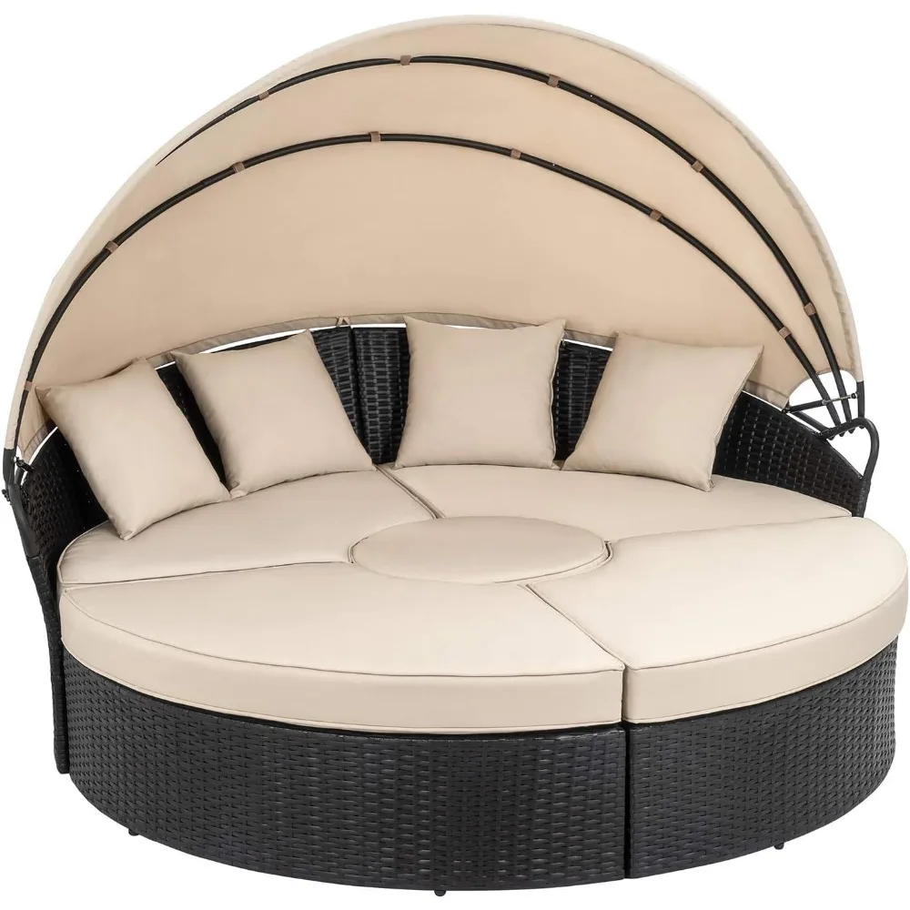 Patio Furniture Round Daybed with Retractable Canopy, Outdoor Wicker Rattan Sectional Sofa Set, Garden Furniture Sets