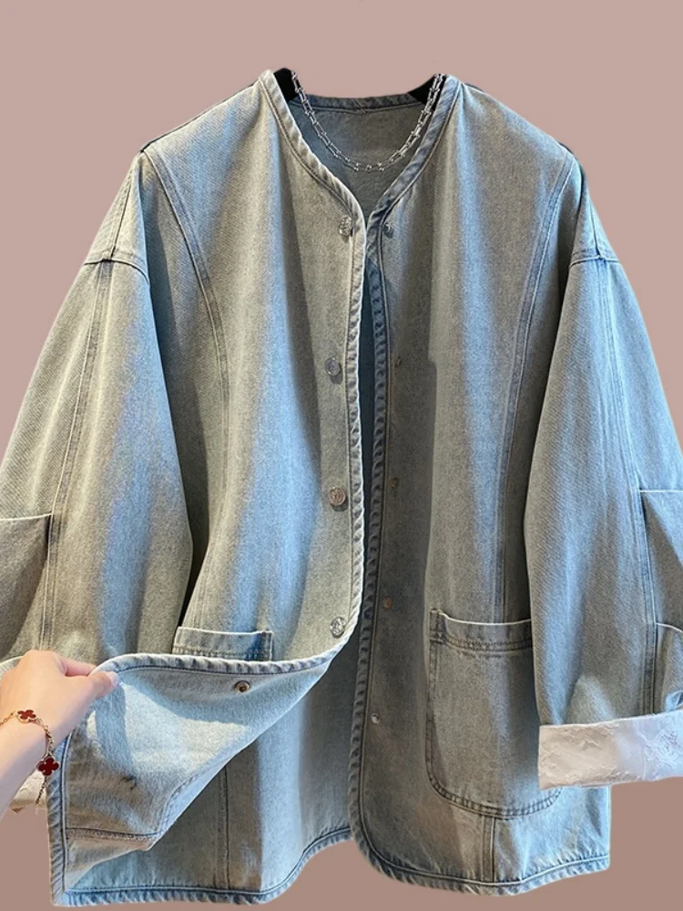 

Новый китайский джинсовый джинсовый джинсовый джинт на пуговицах, женский весенне-осенний новый уникальный супер красивый маленький топ Jaet для поездок на работу Sle Loos...