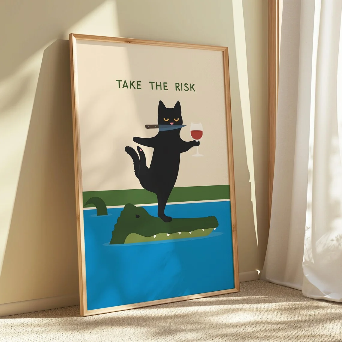 Rebel Motivational Cat Wall Art - Clean Graphic Print of a Confident Cat Embracing Danger, Blending Dark Humor with a Message of