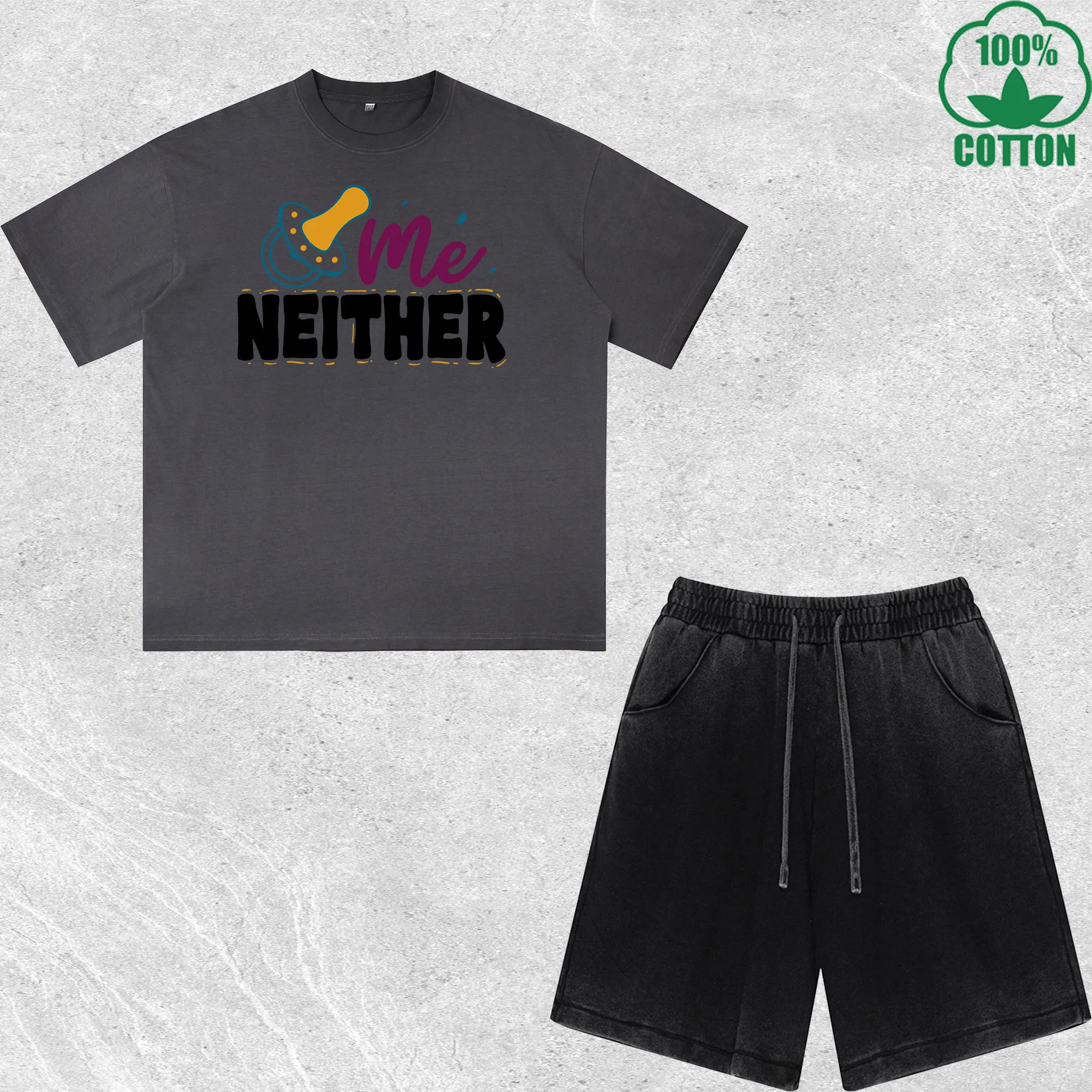 

Me Neither Printed Dirty Wash T-Shirt Shorts Set Multicolor Combo Loose Trendy Fashionable 100%Cotton