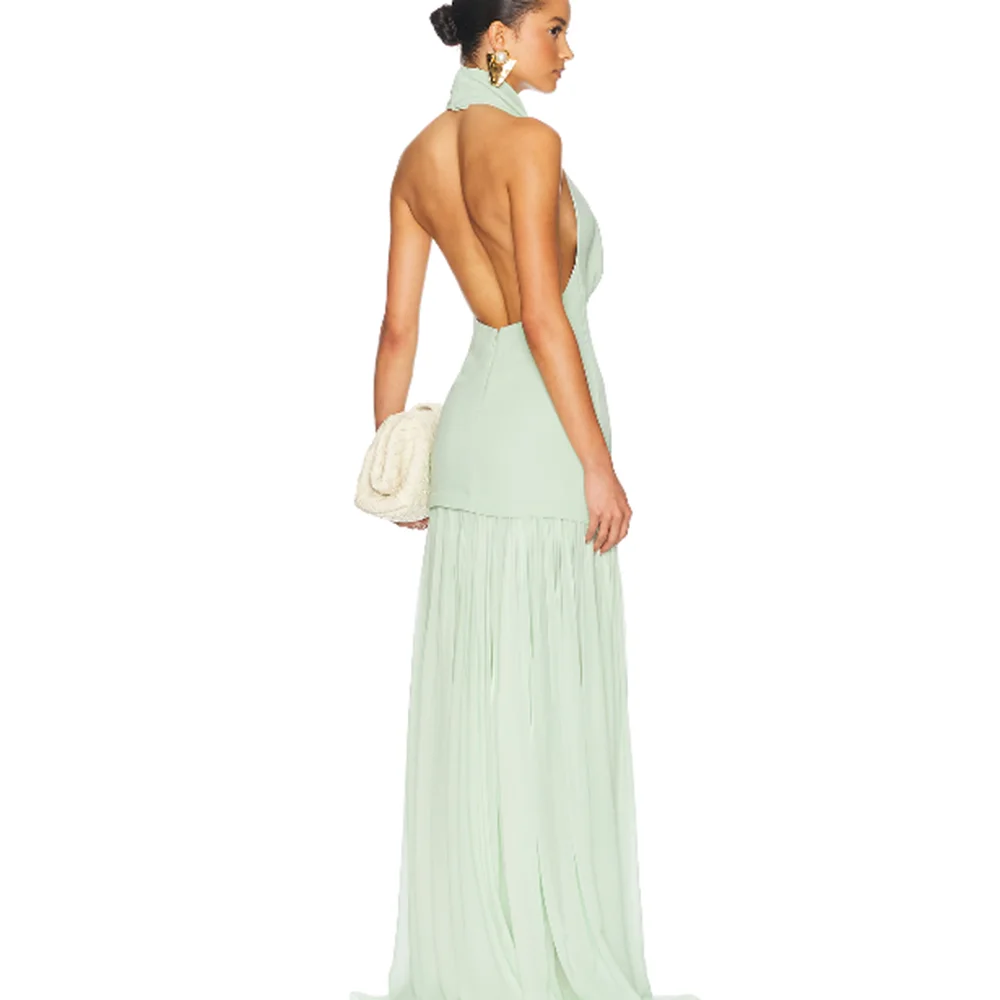 2025 Women's Mint Green Halter Cowl Neck Maxi Dress - Elegant Evening Party Formal Gown Slim Fit Chiffon Prom Dress