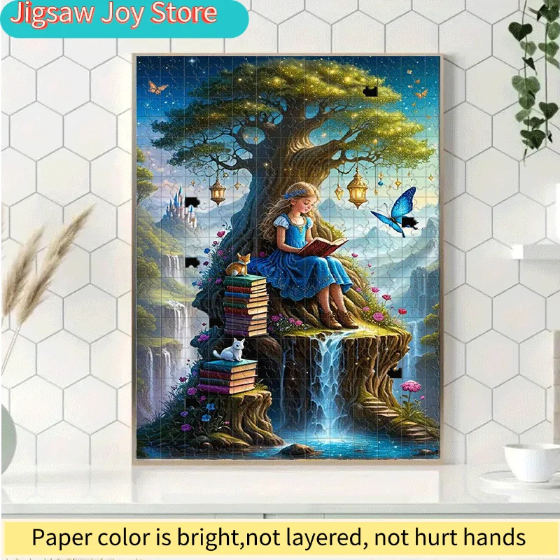 Puzzle de château de conte de fées magique de 500/1000 pièces avec fille, arbre, chat, château et cascade - Couleurs vibrantes, défi stimulant