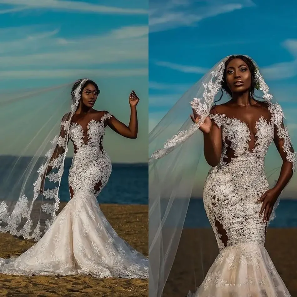 Personalizado fora do ombro vestido de casamento de renda varredura sereia plus size apliques florais praia sem mangas vestidos de noiva africanos