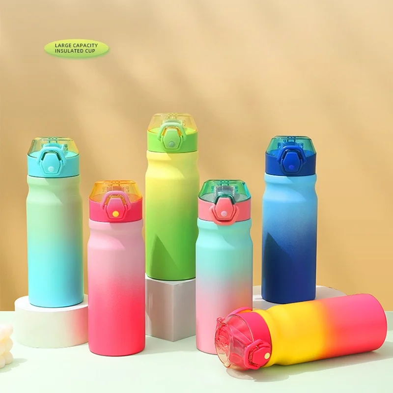 550ml Gradient Color 304 Stainless Steel Insulated Water Bottle, One-Click Flip Straw Sports Thermos for Hiking Gym