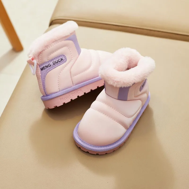 Girls' Snow Boots, Winter Children's Cotton Shoes, Leather Surface Waterproof and Anti Slip Short Boots, Plush Children's Shoes