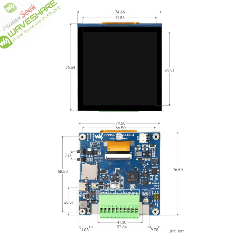 SKU-32701 Waveshare RP2350 لوحة تطوير العرض 4 بوصة، شاشة عرض IPS 480 × 480، لون 65K، ثنائي النواة وثنائي الهندسة المعمارية