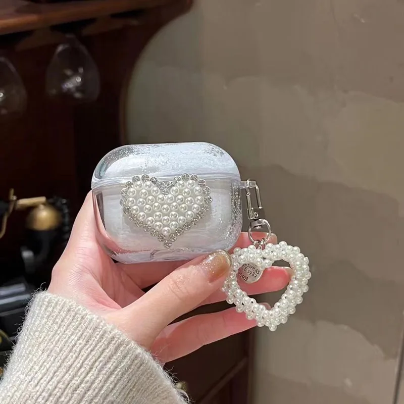 Dreamy Pearl Love Heart Earphone Case for Apple AirPods 1/2/3 Pro 2 Headset Box Quicksand Hard Shell Cover With Cute Keychain